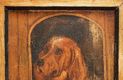 Rustic Antique Animal Portrait Oil Painting Dog House Scene Framed Country
