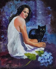 YARY DLUHOS Woman Black Cat Flowers Female Portrait Original Art Oil Painting