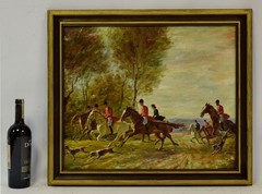 19th c. After Leszek Piasecki, antique oil painting „Hunters at Full Gallop.