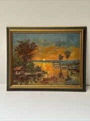VINTAGE SUNSET PAINTING IMPRESSIONIST LANDSCAPE EVENING GLOW LISTED FAMOUS OIL