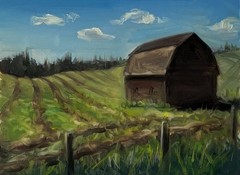 Barn on a green farm scenic landscape oil painting by living artist. 4×5.5″