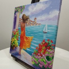 Original Oil Painting Woman Orange Dress Sea Breeze Floral Canvas Impressionist