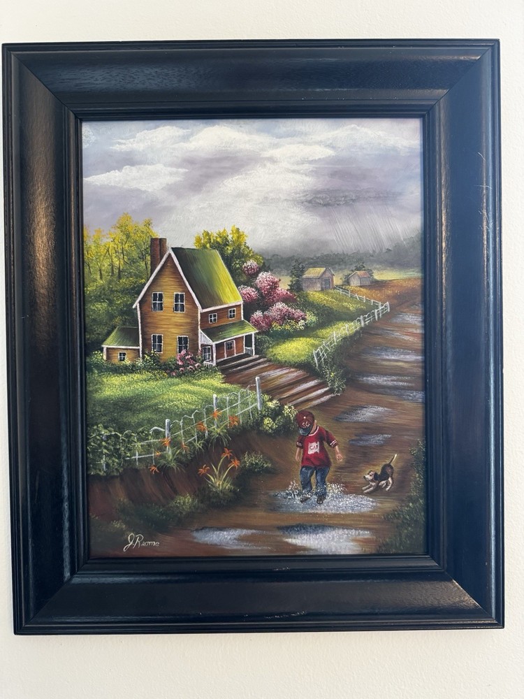 1966 Oil on Canvas Painting „After The Rain“ Signed Framed 18x 15 Boy Dog Moody