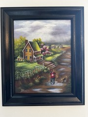 1966 Oil on Canvas Painting „After The Rain“ Signed Framed 18x 15 Boy Dog Moody