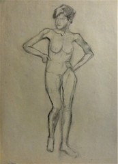 M. KREKELER -Kohle-Zeichnung Erotik /AKT um 1918: NACKTE FRAU STEHEND