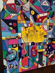 abstract pop art acrylic painting of Austin, Texas. Bats at night.