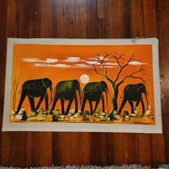 Authentic Elephant Family at Sunset African Painting – Fabric Canvas 19 x 32 in