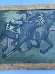 Antique Painting Impressionism Horse Race Track Jockey Portrait Mid Century Wpa