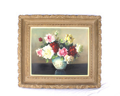 Antique Floral Still Life Oil Painting On Canvas Signed Illegible