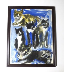 KNOWN ARTIST „5 CATS“ SIGNED Micki ’95 ORIG WATERCOLOR PAINTING, FRAMED w GLASS