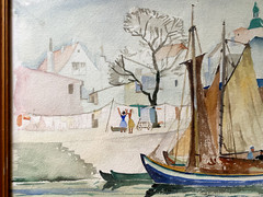 Watercolor Sailboat in Harbor with Church Women Hanging Laundry on Everyday