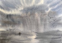 LONELY FISHERMAN BOAT SKY Original Art Painting Landscape Seascape Signed GiftA5
