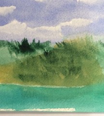 Original Painting Watercolor Island Green Blue Ocean Sky Reef 4 3/4″ x 7 1/2″