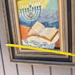 Vintage 1969 Signed Oil Painting Judaica Menorah Torah Tallit Framed Art Signed