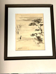 Original Asian-Style Ink Wash Landscape Painting – Deer & Tree Signed Georgette