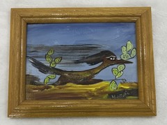 Vintage Roadrunner Running Small 7×5 Painting Framed Signed By Artist
