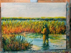 Original Oil Painting Fisherman in Marsh Wetland Landscape 12×16 Andy Semberecki