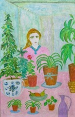 Celeste Radloff (1930-1994) British naive portrait oil painting Girl With Plants