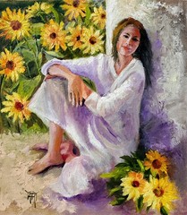 YARY DLUHOS Summer Sunflowers Garden Woman Girl Figure Original Art Oil Painting