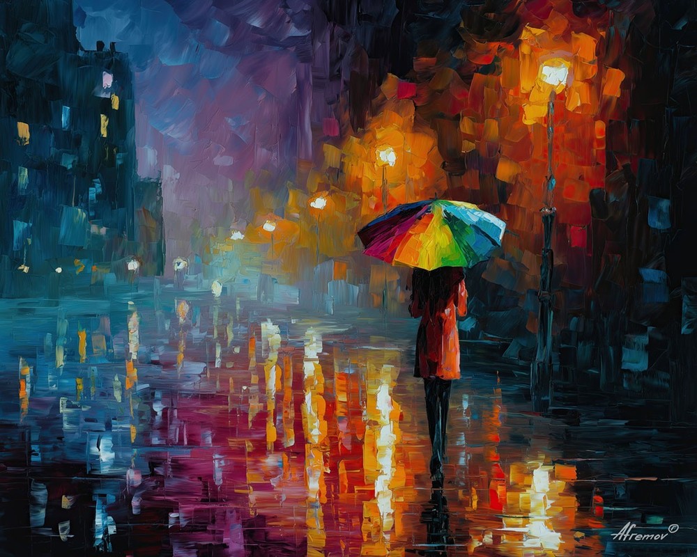 Leonid Afremov THE RAINBOW UMBRELLA Oil Paint 30″x24″ LIMITED EDITION GICLEE