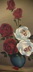 Vintage hand painted white and red roses flowers in brown and gold wood frame