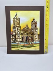 Black Ink and Watercolor Cathedral Santa Maria Panama Drawing Signed by Tolmos