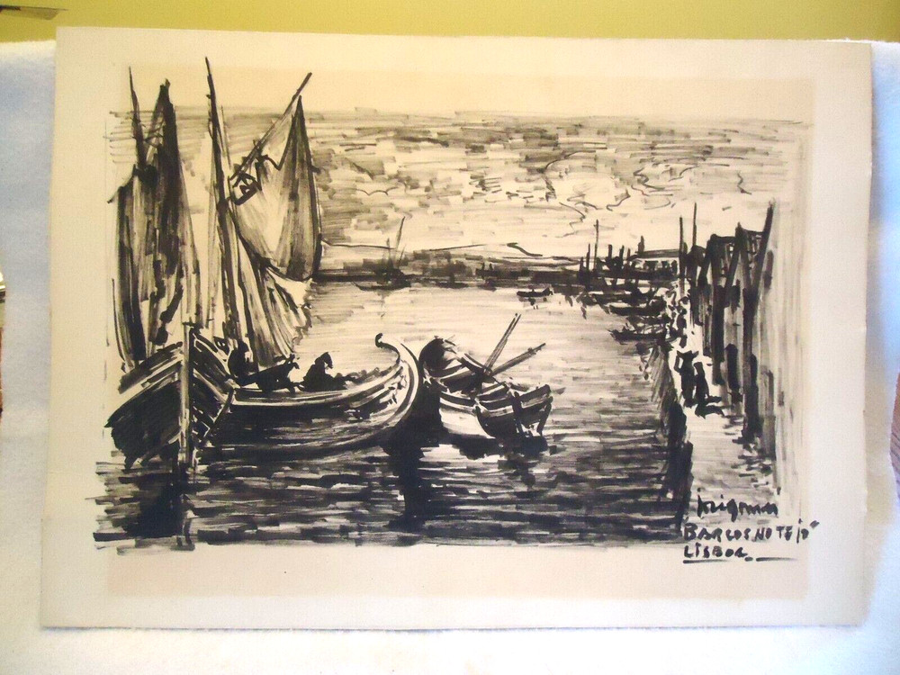 Vintage BARCOS NO TEJO Painting (Boats on Tagus River) Approx 15″ x 12″