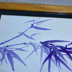 Original Watercolor Painting Yumiko Ichikawa Purple Bamboo Leaves Flowers Framed