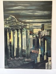MID CENTURY PAINTING LARGE SURREAL CITY CITYSCAPE ROOF TOPS REGIONALISM URBAN