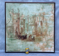 LARGE E JONES SIGNED OIL PAINTING IMPRESSIONIST CITISCAPE ARCHTECTURE w/ FIGURES