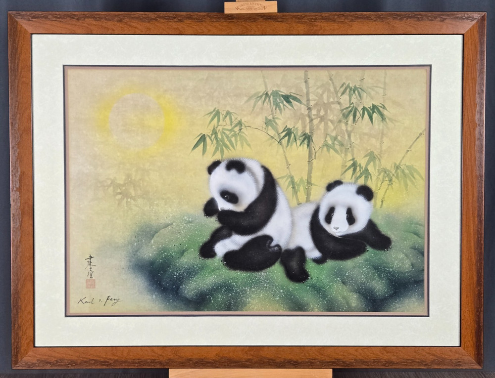Karl J. Feng „Pandas“ bear original watercolor painting signed w card 25″ x 17″