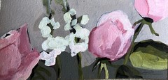 Roses and Stock Flower Miniature Original Acrylic Painting on Watercolor Paper