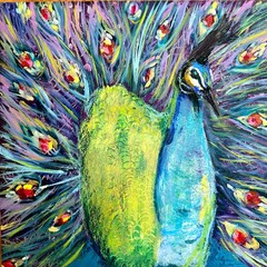 Neal 20″x20″Abstract Peacock Oil and Cold Wax on Wood Expressionsim