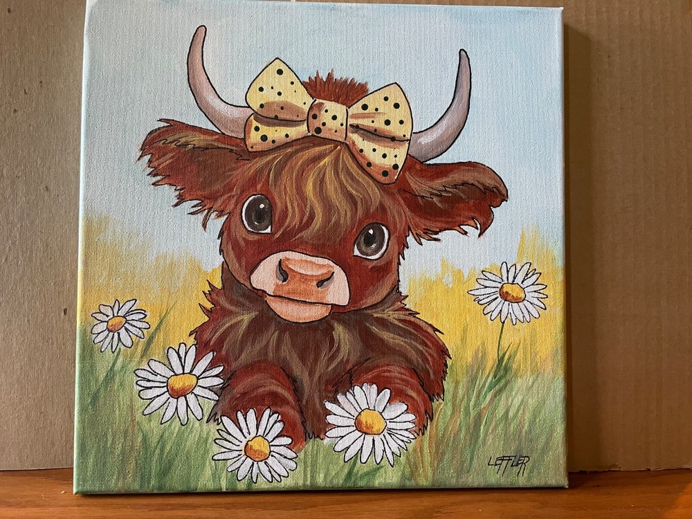 12 x 12 Original Acrylic Painting on Canvas…..“Spring Scottish Highland Cow“