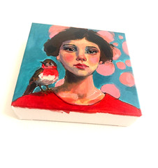 Original Acrylic Woman Portrait Painting 6×6 Bird Contemporary Signed AdriO
