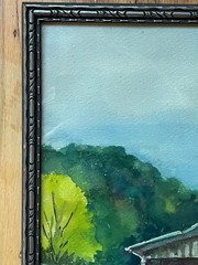 Antique Bucolic Signed Farm Cabin Watercolor Scene Original Silver Frame w/Glass