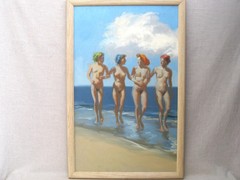 Vintage Female Nude Beach Landscape Painting, Framed Original Fine Art