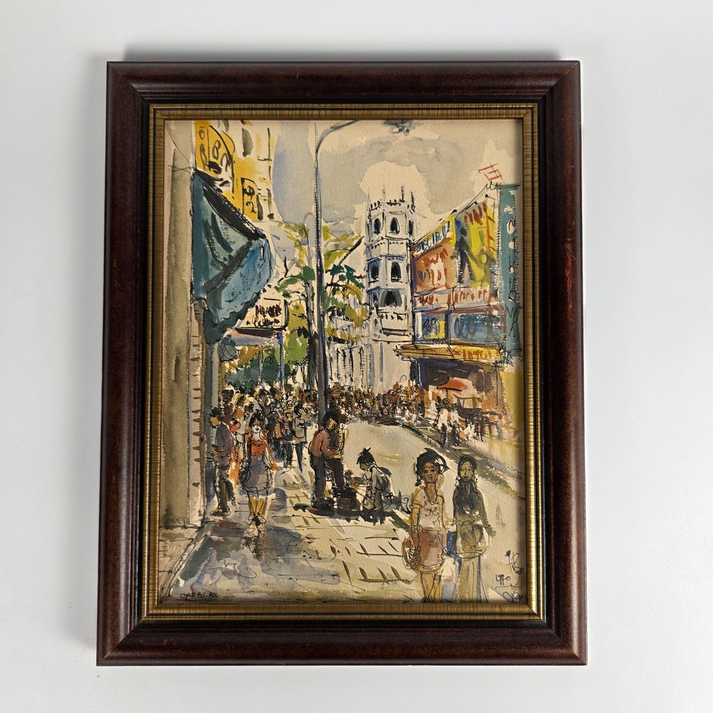 Caracas Street Scene Acrylic on Board, Signed, Framed 12×15