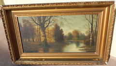 Hudson River style old antique American painting of woodland creek circa 1900