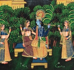 Religious Painting Of Radha Krishna Love Scene Art On Silk Cloth 10×14 Inches