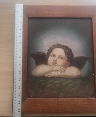 Wood Framed Rustic Canvas Painting Reproduction – Raphael’s Angel / Cherub VTG