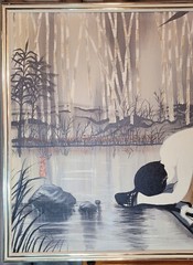 VTG Chinese Women Washing, Bamboo Oil On Canvas Framed Painting Signed 38″ x 46″