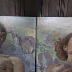 2 Original Contemporary Figurative Matching Oil Paintings Unsigned Nude Couple