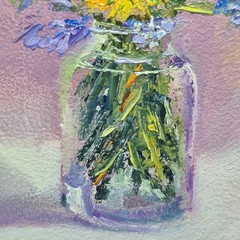 Original autographed oil painting in a frame. Dandelions. Impressionism. 4×4 inc