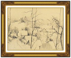 Bernard Gantner Original Charcoal Drawing Winter Landscape Signed Framed Artwork
