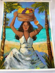 Tropical Island Girl with Fruit: Vibrant 18 X 24 Acrylic Painting on Paper