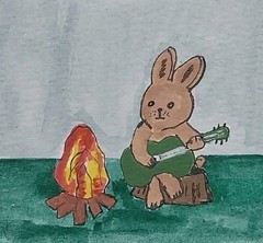 WHIMSICAL BUNNY RABBIT ORIGINAL FOLK ART PAINTING MINIATURE 3×3 COTTAGECORE GAT