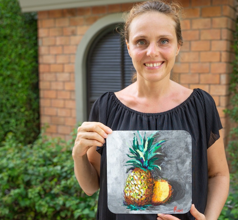 Still Life Fruit Painting Kitchen Original Wall Art Tropical Pineapple Modern