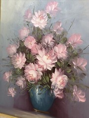 Original Painting Bouquet Pink Flowers in Vase Artist Signed Oil Acrylic Donald