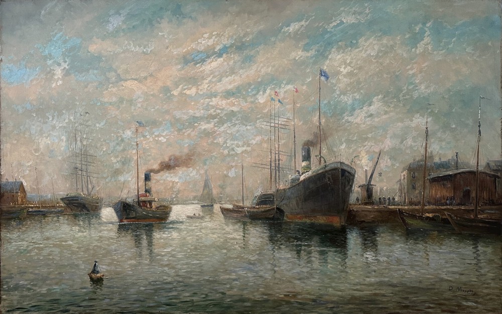 D. Moretti ( Italian 1900- ) Original Oil Painting Harbor Scene Signed